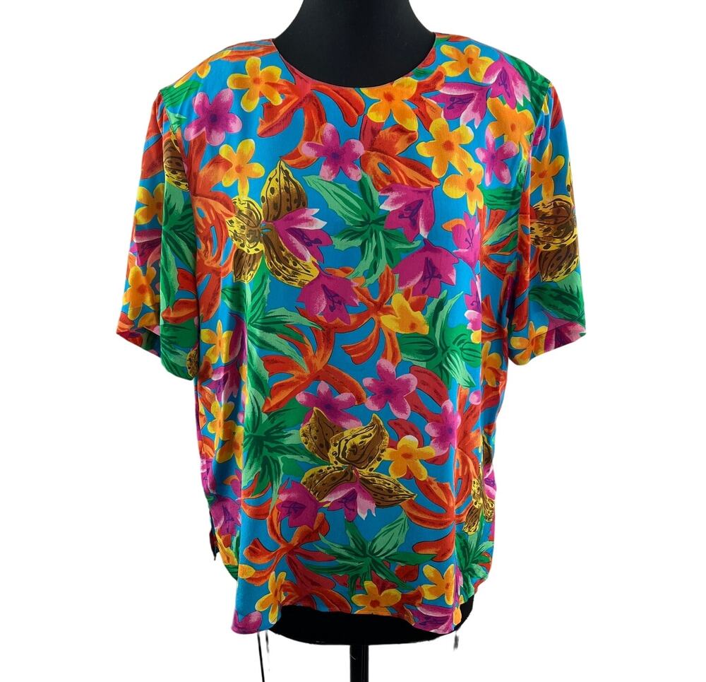 VINTAGE Galinda Multi Top Silk Tropical Floral Crew Classic Pullover Tee Size 1X